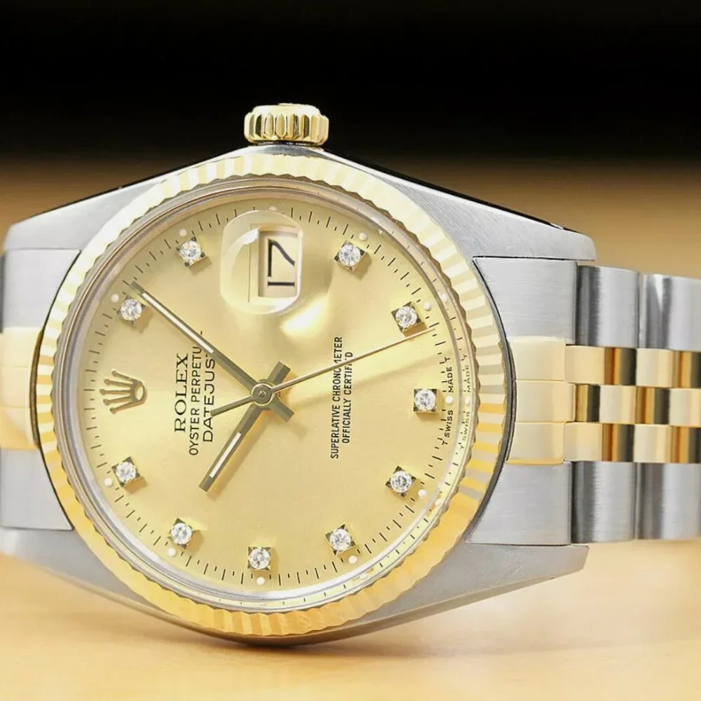 ROLEX MENS DATEJUST FACTORY DIAMOND DIAL TWO-TONE QUICKSET WATCH + ROLEX